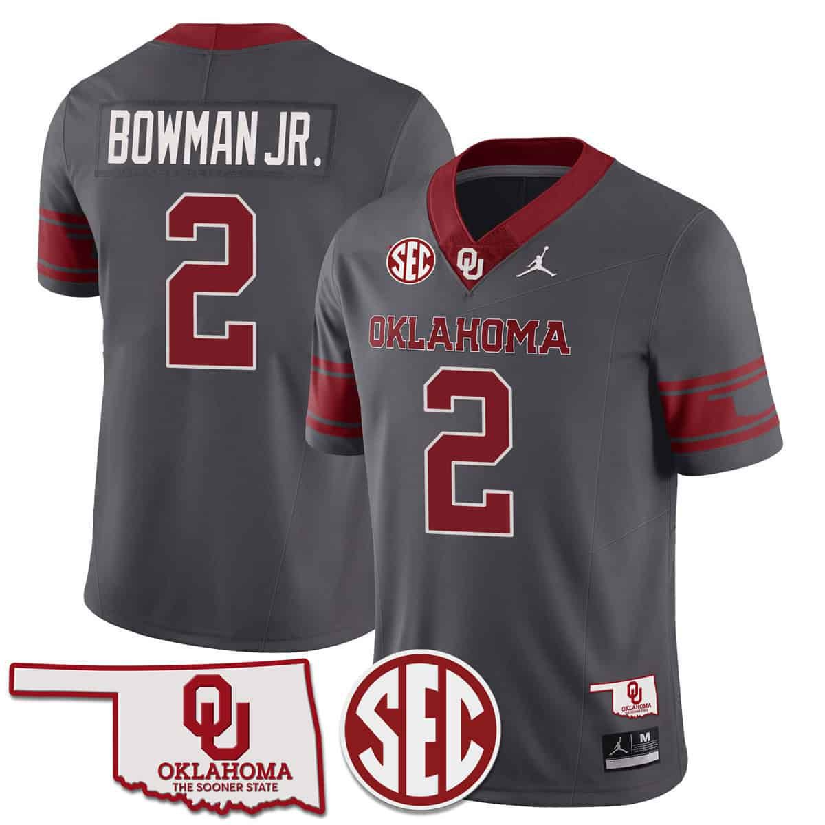 Men Oklahoma Sooners 2 Bowman jr Grey 2024 SEC Patch Vapor Premier Limited NCAA Jersey
